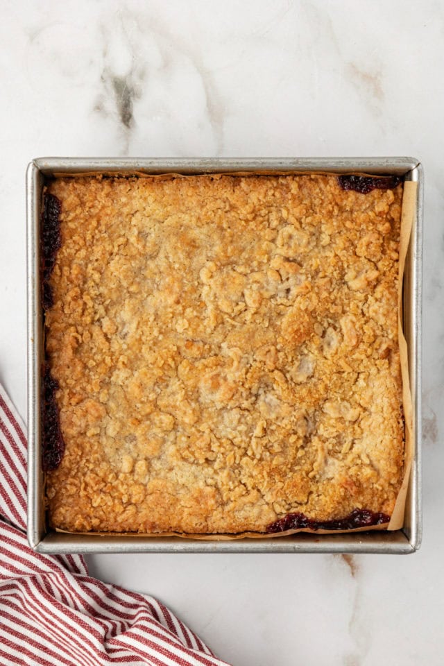 Overhead view of baked raspberry crumble bars in pan