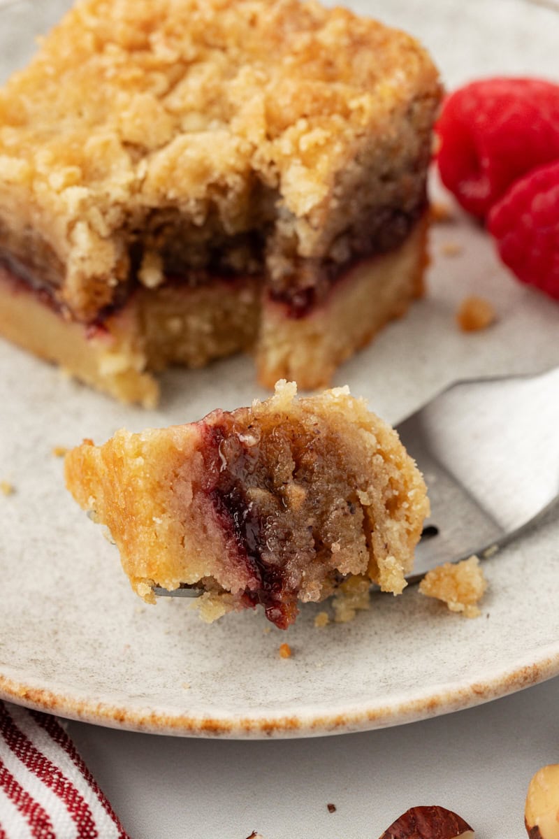 Corner of raspberry crumble bar on fork