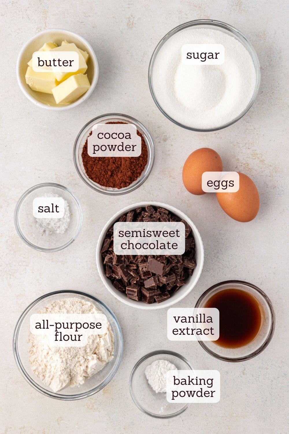 Overhead view of ingredients for double chocolate brownies