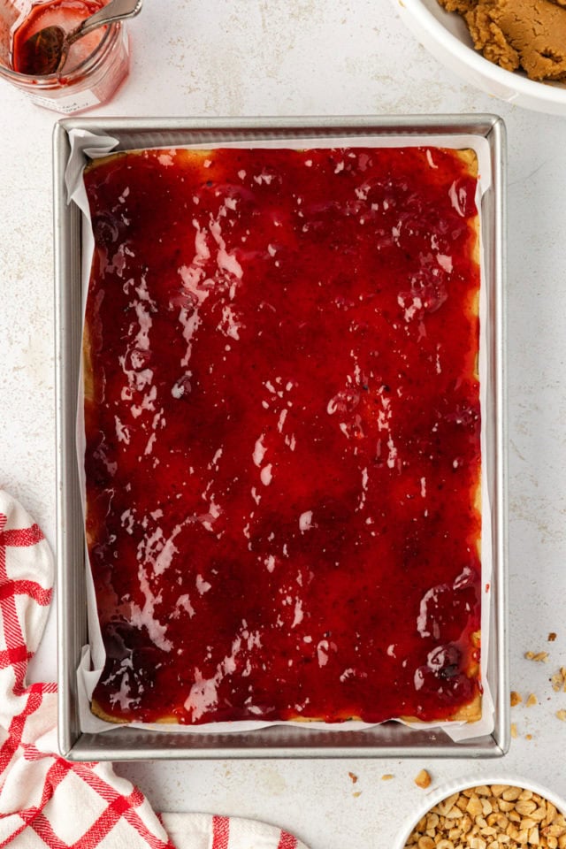 Overhead view of jam layer of peanut butter and jelly bars