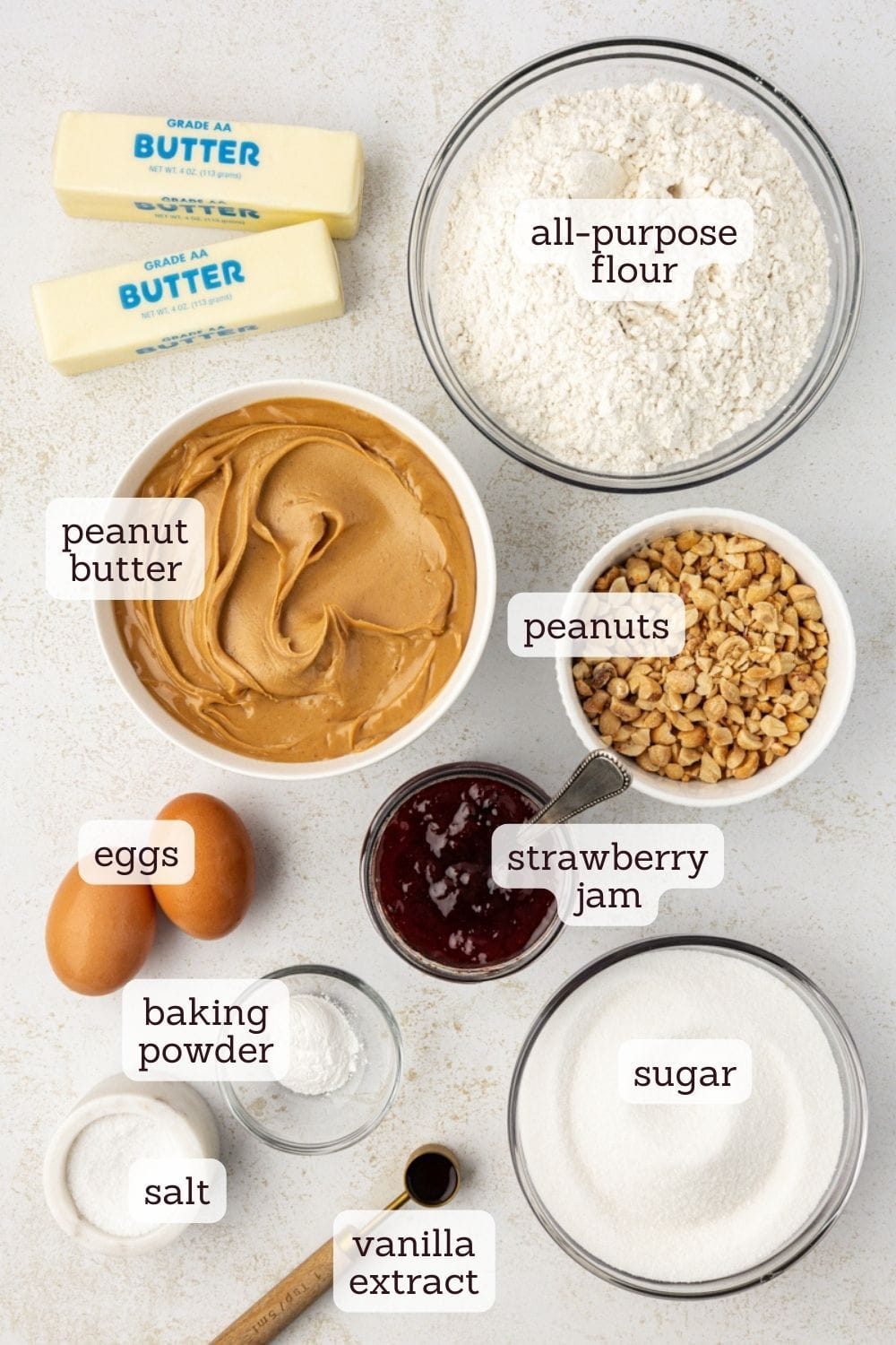 Overhead view of ingredients for peanut butter and jelly bars