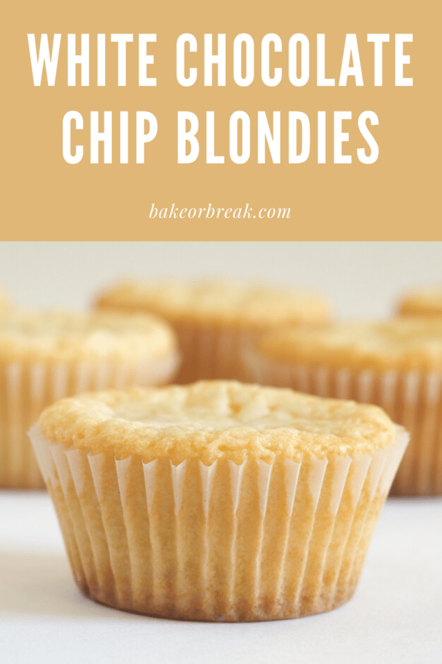 White chocolate chip blondies in cupcake wrappers.