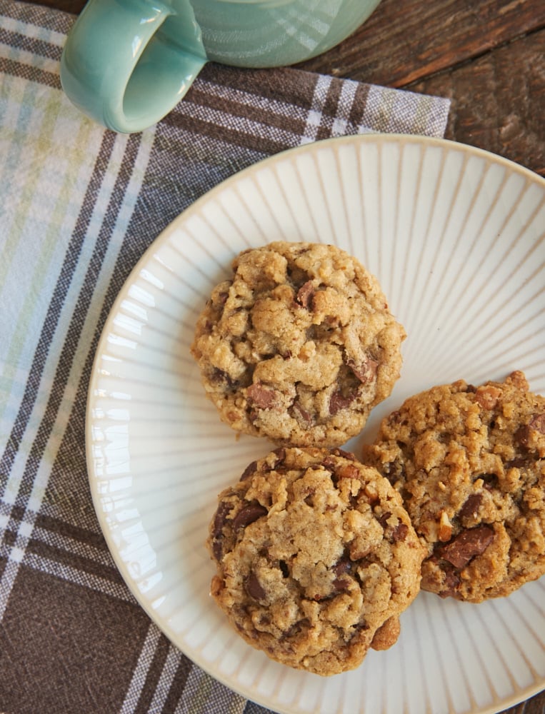 My Favorite Chocolate Chip Cookies on a white and beige plate