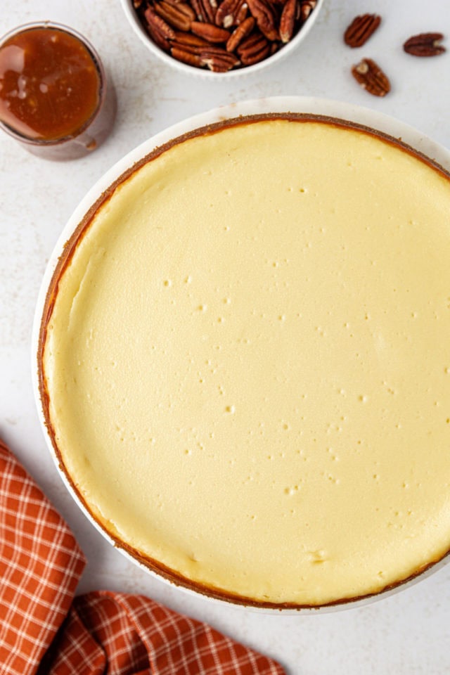 Overhead view of cheesecake before adding topping