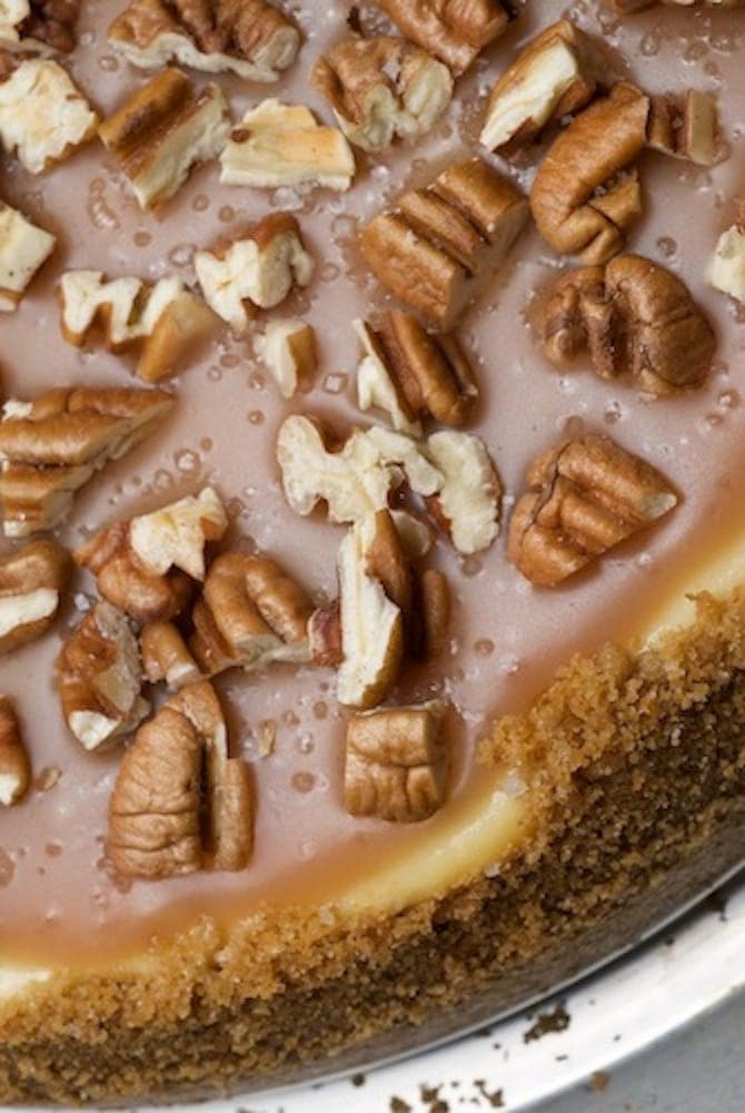 Pecan and salted caramel cheesecake with pieces of pecan on top.