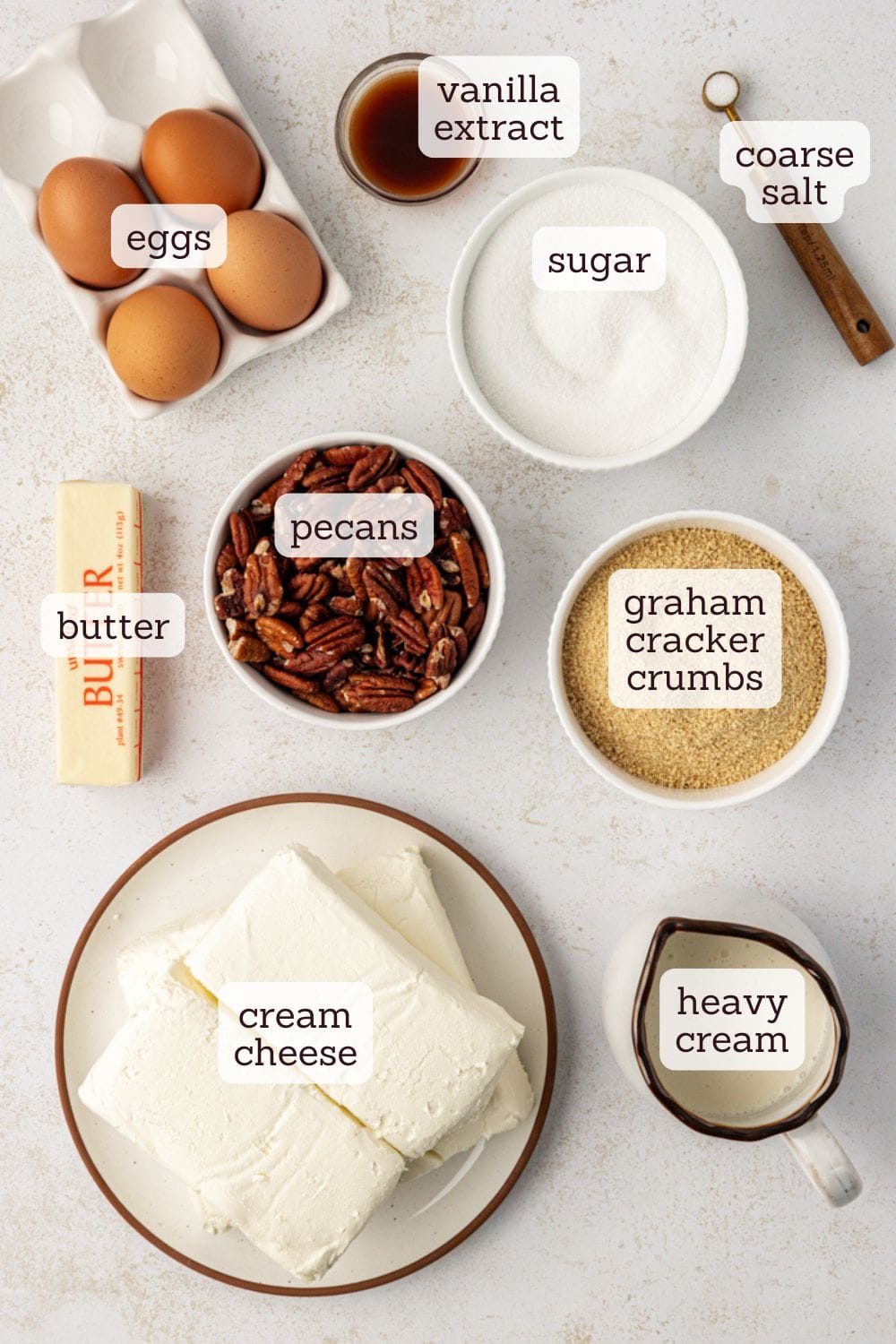 Overhead view of ingredients for salted caramel cheesecake