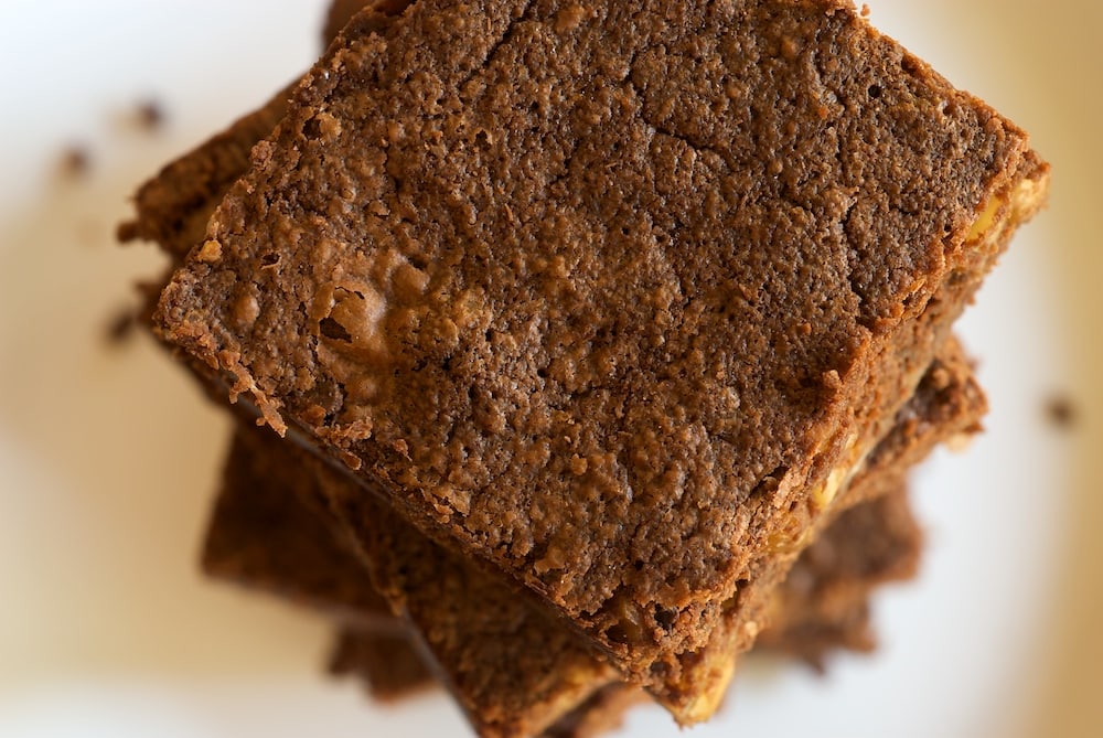 Max Brenner's fudge brownies packed with nuts.