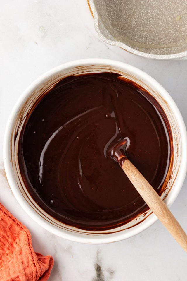 Overhead view of chocolate sauce in mixing bowl