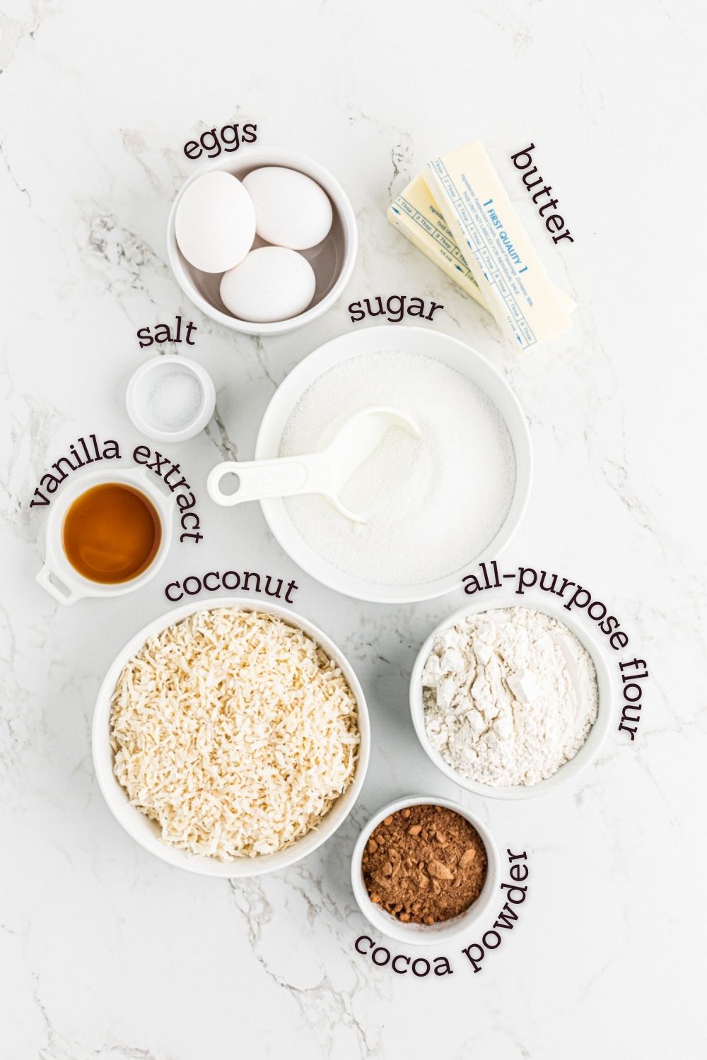 Overhead view of ingredients for black bottom coconut bars