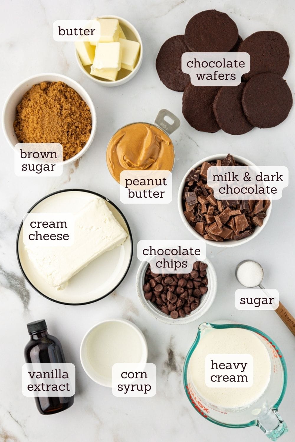Overhead view of ingredients for peanut butter pie