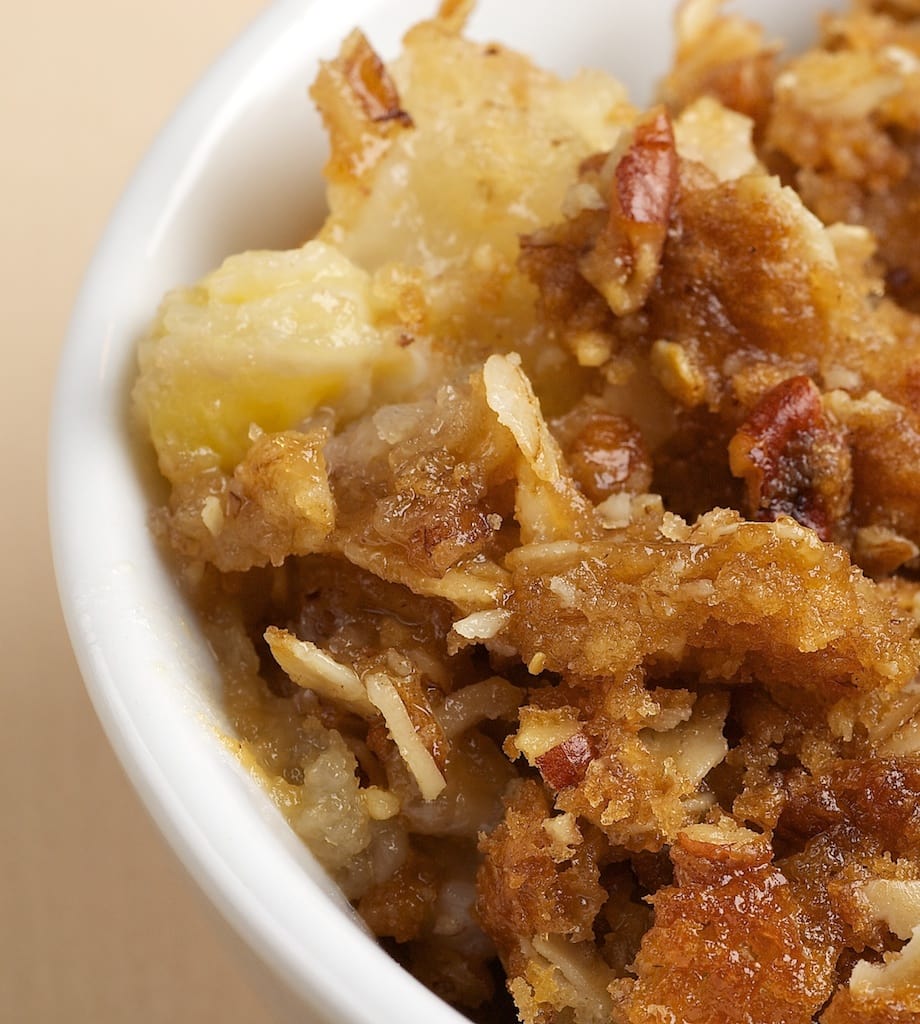 Banana Bread Cobbler served in a white bowl