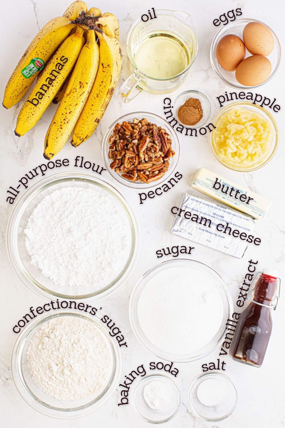 Overhead view of ingredients for hummingbird cupcakes