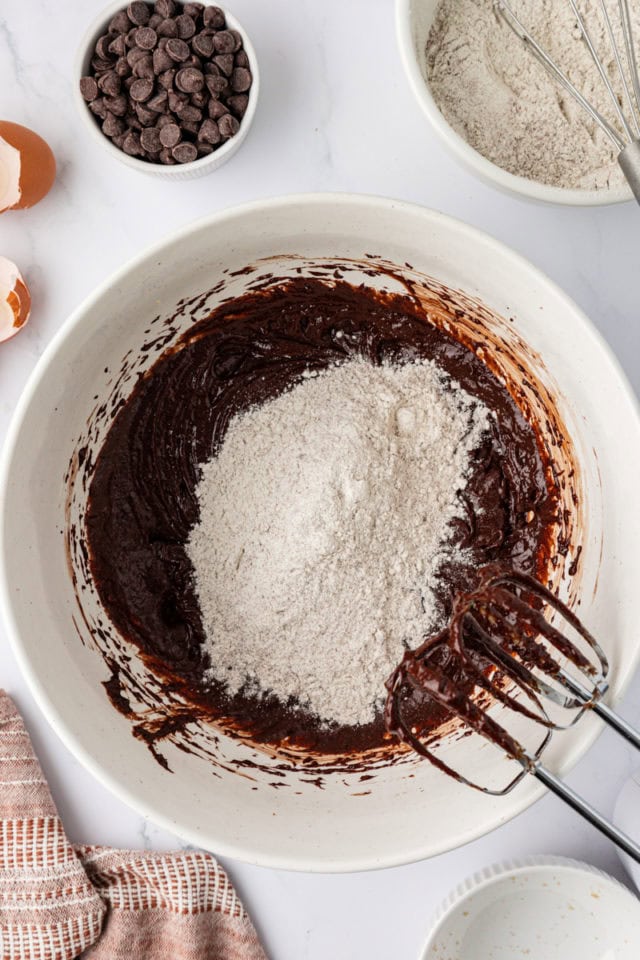 Dry ingredients added to wet ingredients for chocolate espresso cookies