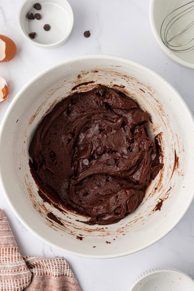 Overhead view of chocolate espresso cookie dough in bowl