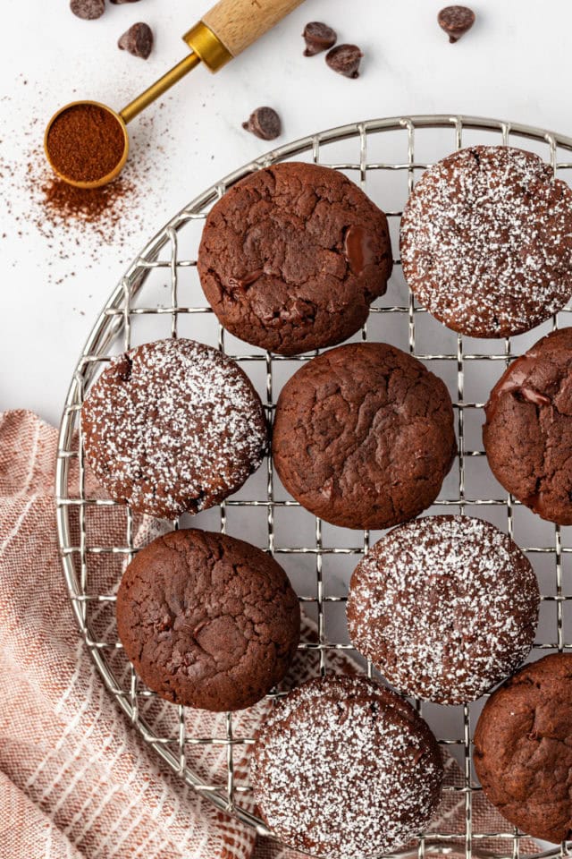 Chewy chocolate espresso cookies on cooling rack