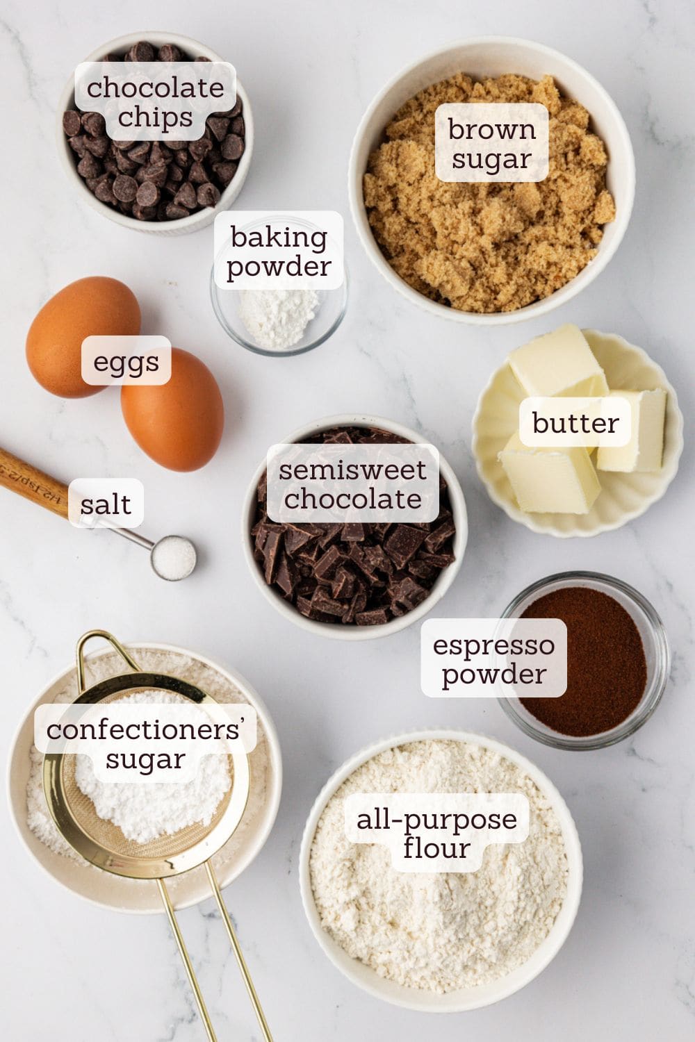 Overhead view of ingredients for chocolate espresso cookies