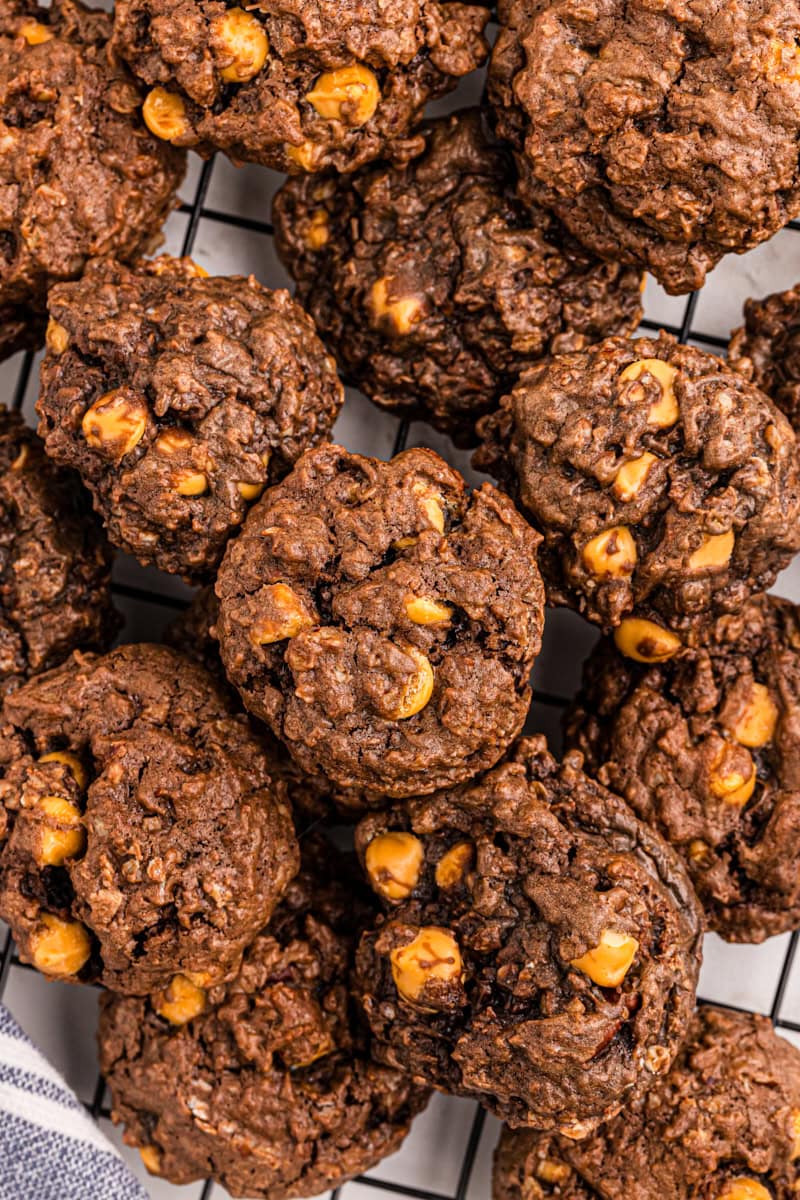 Overhead view of chocolate butterscotch cookies on wire rack