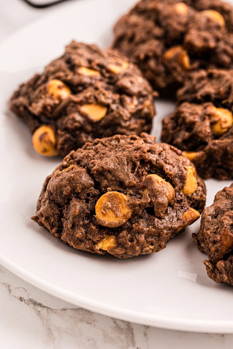 Closeup of chewy chocolate butterscotch cookies on plate