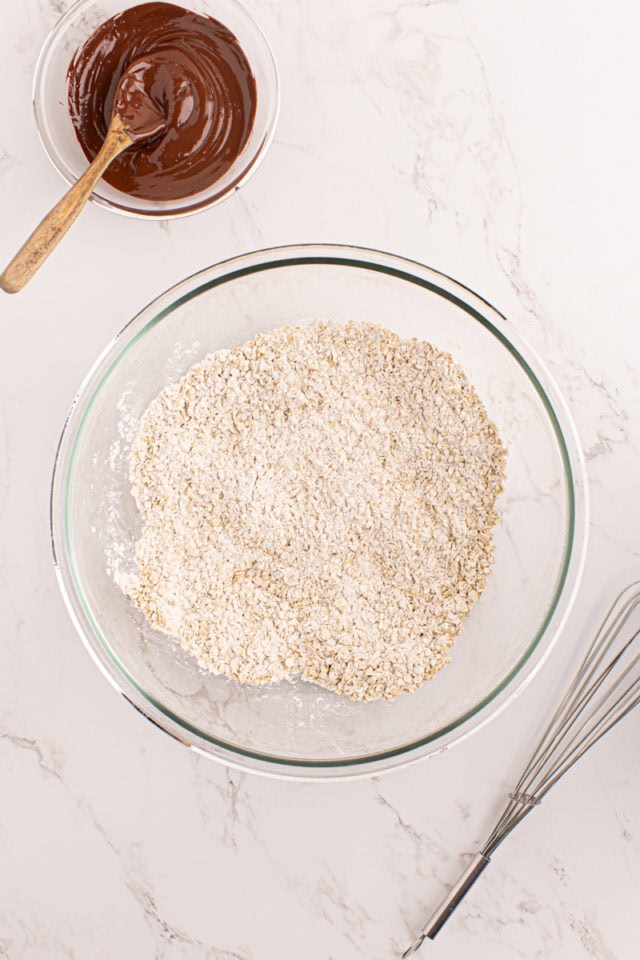 Overhead view of dry ingredients in mixing bowl