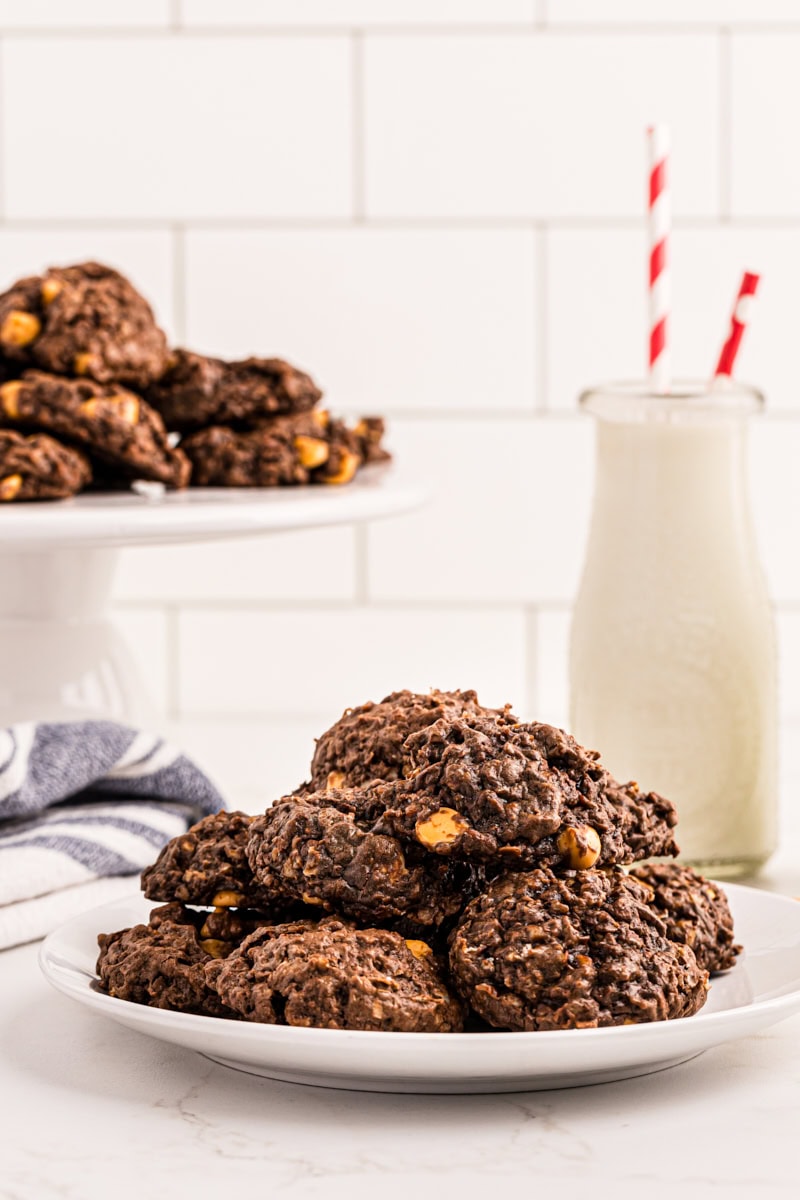 Pile of chewy chocolate butterscotch cookies on plate