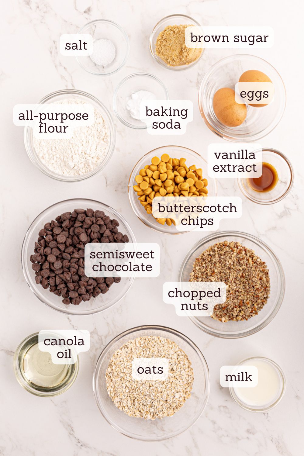 Overhead view of ingredients for chocolate butterscotch cookies