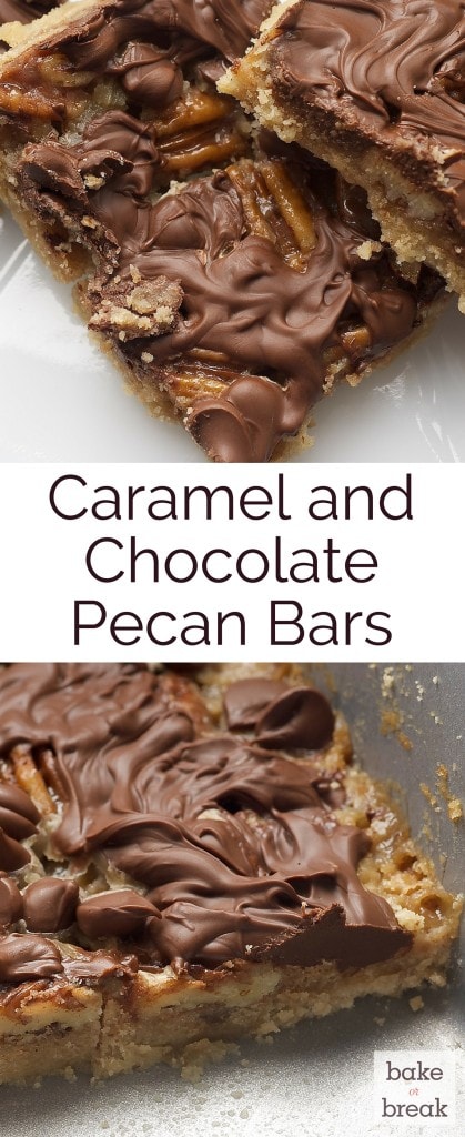 Caramel and chocolate pecan bars in a pan and on a plate.
