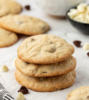 Stack of 3 black and white chocolate chip cookies