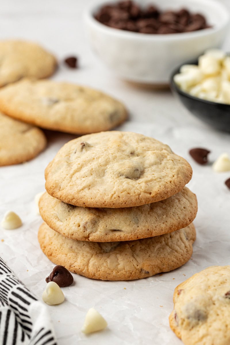 Stack of 3 black and white chocolate chip cookies