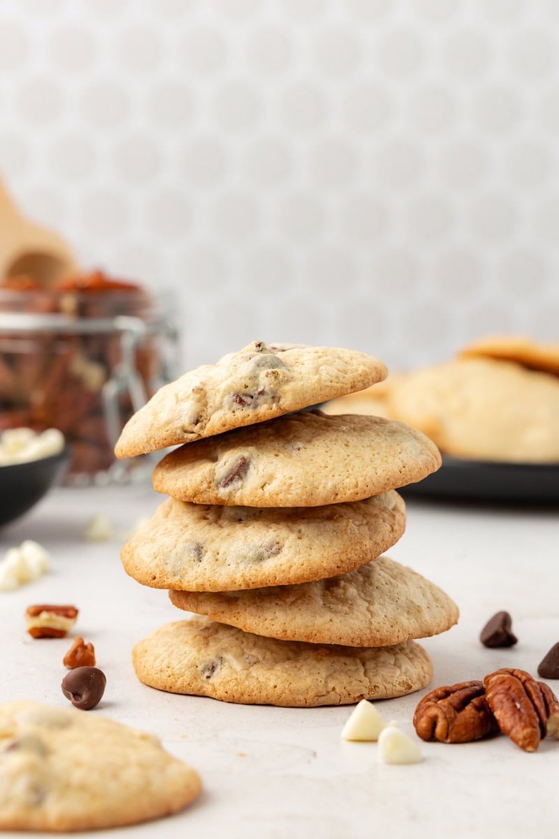 Stack of 5 black and white chocolate chip cookies