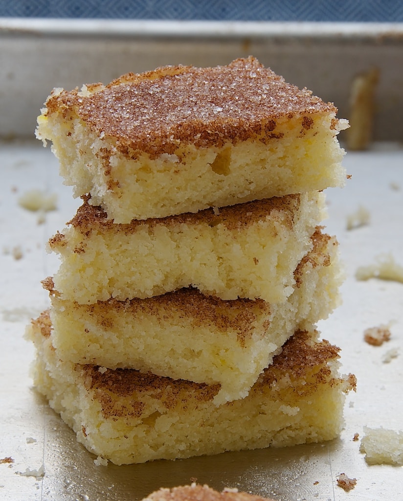 Stack of cinnamon sugar cookie bars.