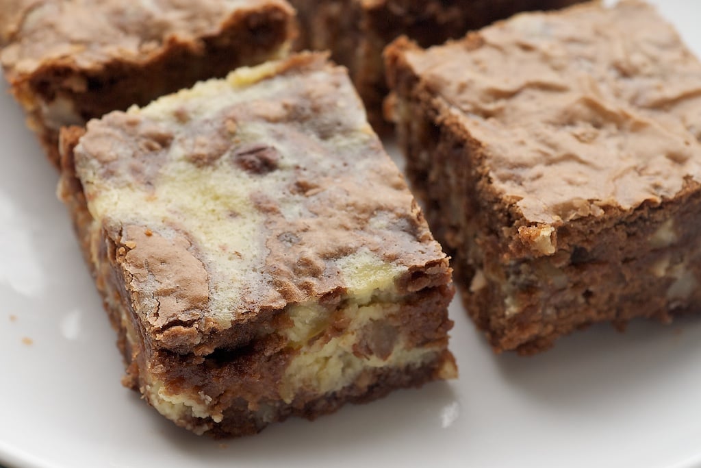 Hazelnut cream cheese brownies cut into squares