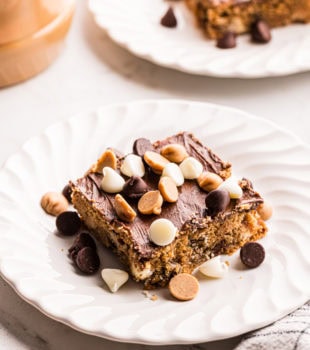 Peanut butter mud bars on white plates