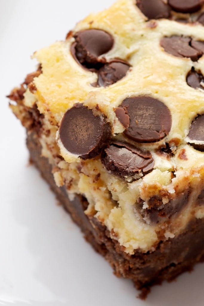 Dark chocolate brownie with a chocolate chip cheesecake layer on top.