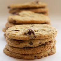 Stacks of Peanut Butter Cookies with Milk Chocolate Chunks.