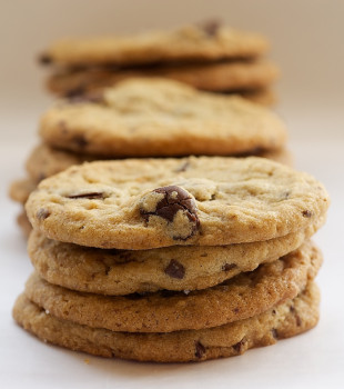 Stacks of Peanut Butter Cookies with Milk Chocolate Chunks.