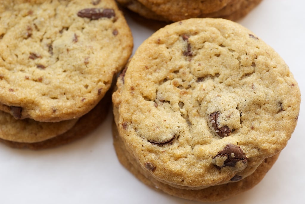 overhead view of stacks of Peanut Butter Cookies with Milk Chocolate Chunks