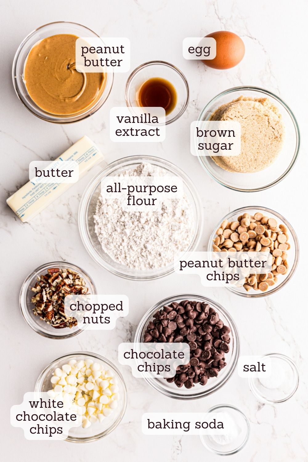 Overhead view of ingredients for peanut butter mud bars with labels