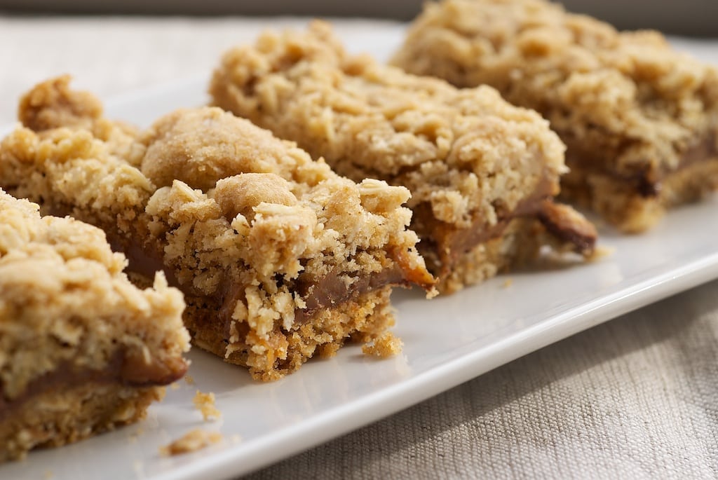 Caramel Oatmeal Bars served on a white plate