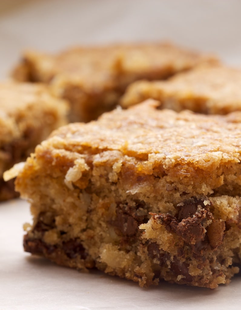 Coconut pecan blondies with brown sugar and chocolate chips.