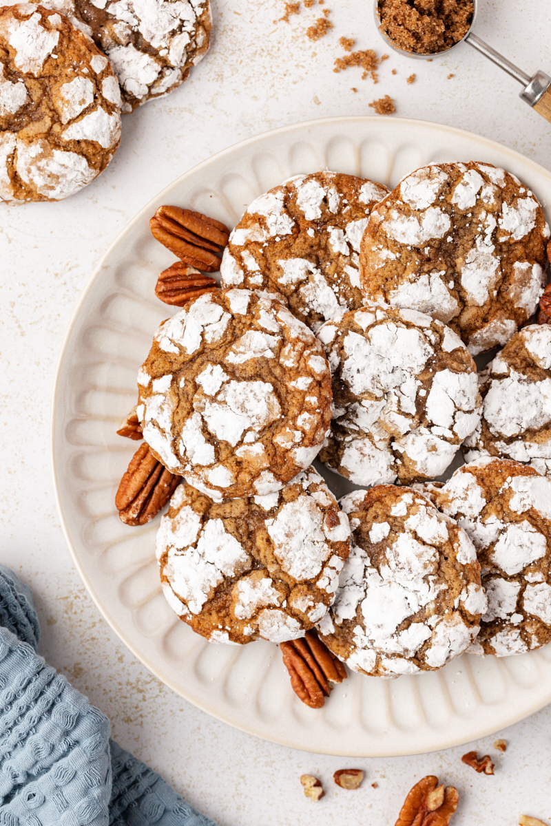 Overhead view of brown sugar crinkle cookies on plate