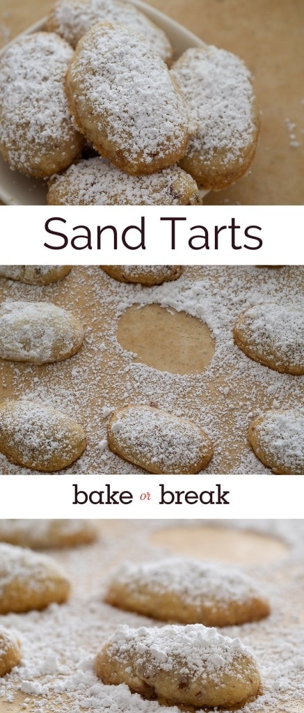 Sand tarts cookies dusted with powdered sugar.
