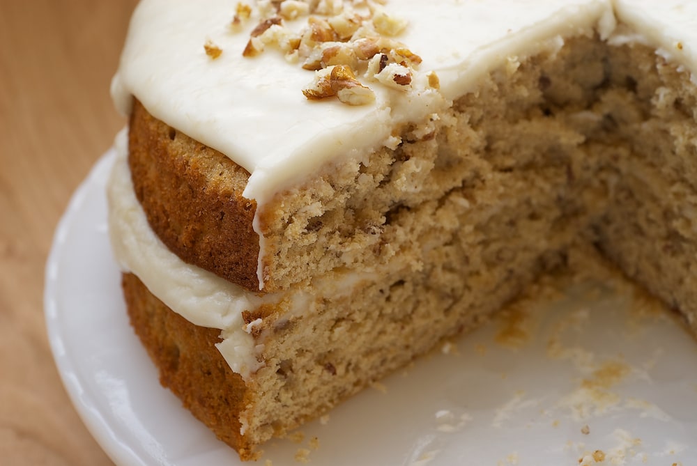 sliced Pecan Layer Cake with Banana Icing