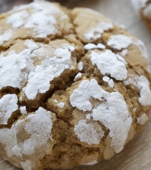 Brown sugar crinkle cookie with powdered sugar on top.