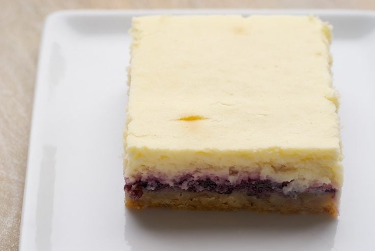 Lemon blueberry cheesecake bar on a white plate.