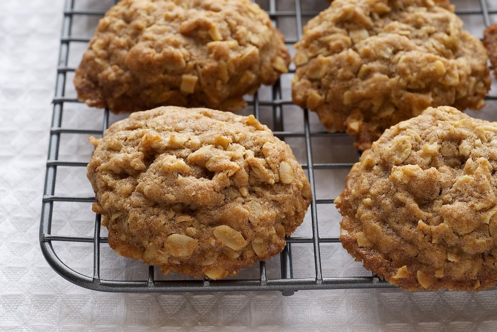 Toffee Almond Oatmeal Cookies on a wire cooling rack