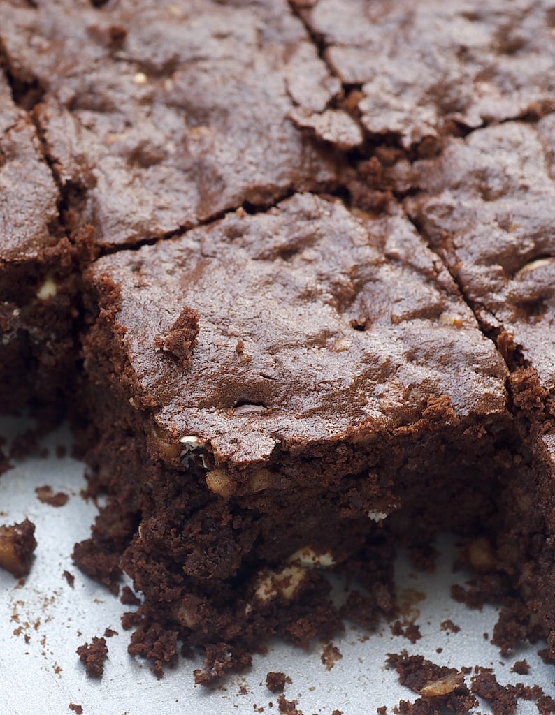 Triple Chocolate Brownies in a metal baking pan