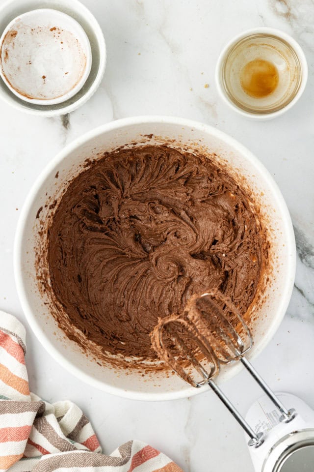 Overhead view of cookie dough mixture in mixing bowl