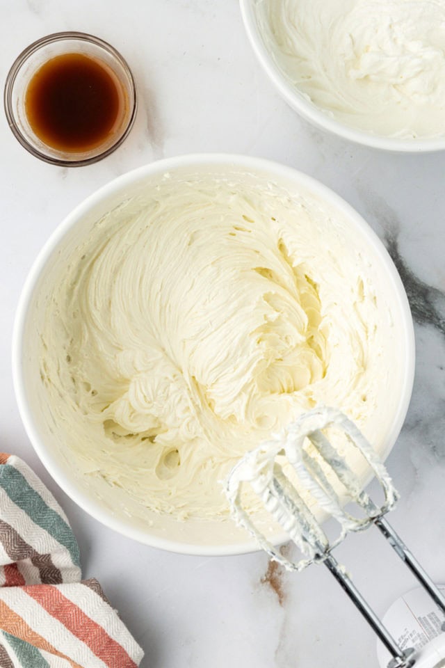 Overhead view of whipped cream cheese in bowl