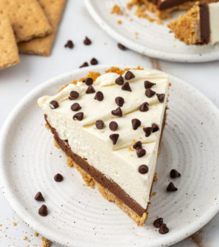 Top-down view of chocolate cookie dough cheesecake slice on plate