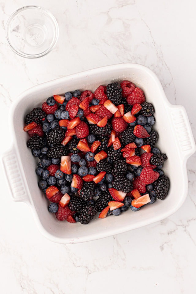 Overhead view of berries in baking dish